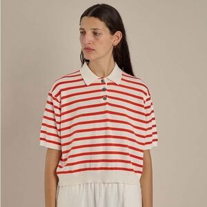 Demylee Jrue striped polo knit top in white and red